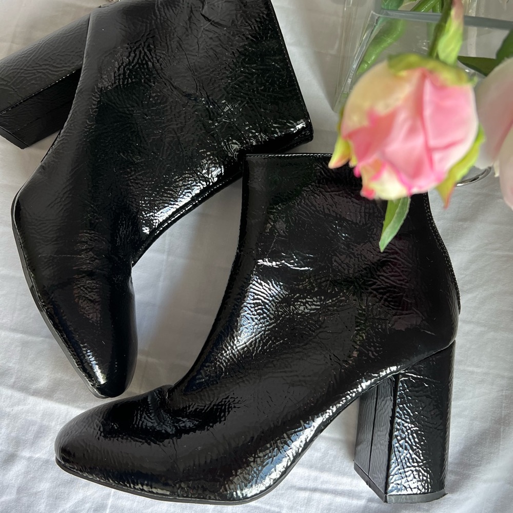 Black Ankle Wet Look Heeled Boots